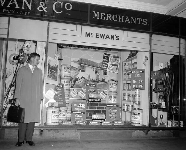 J McEwan & Co Pty Ltd, Shop Front and Window Display, Melbourne, Victoria, Apr 1957