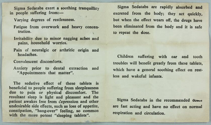 Leaflet - Drug, Sedatabs, Sigma, circa 1960