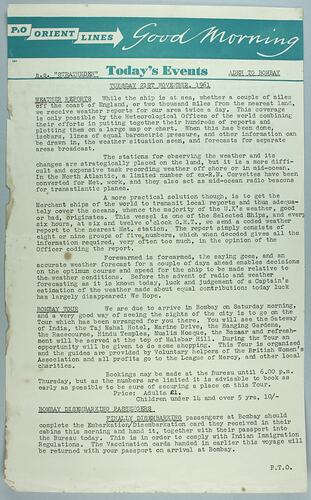 Information Sheet - P&O SS Stratheden, 'Today's Events', Aden to Bombay, 21 Nov 1961