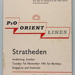 Embarkation Notice - P&O Orient Lines, 'SS Stratheden', 7 Nov 1961