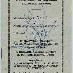 Membership Booklet - Clothing & Allied Trade Union of Australia, Issued to Dorothea Dunzinger, 1963-1964