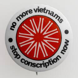 Round red badge with thick white border. Star shaped pattern. Black text around edge.