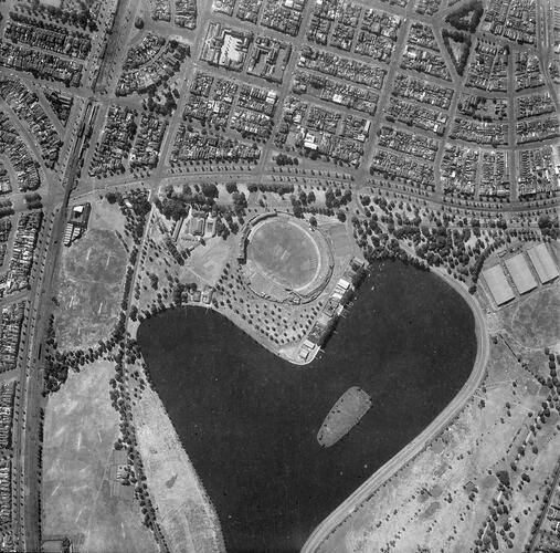 Negative - Aerial View of Albert Park Lake, Victoria, 28 Feb 1956