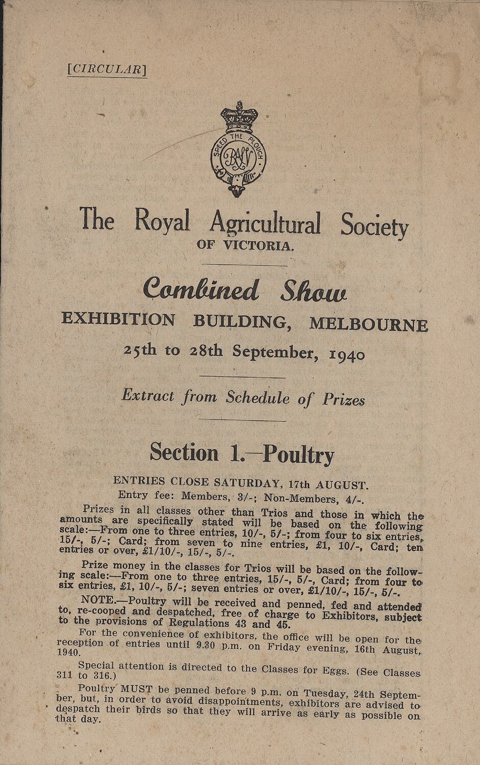 Booklet Combined Show, Poultry, Royal Agricultural Society of Victoria Show, 2528 Sep 1940 Booklet Combined Show, Poultry, Royal Agricultural Society of Victoria Show, 2528 Sep 1940