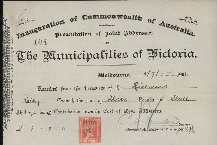 Receipt - 'Inauguration of the Commonwealth of Australia', 5 Jul 1901