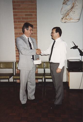 Photograph - Kodak Australasia Pty Ltd, Shane Allan & Ziggy Switkowski at Presentation of 25 Year Service Watch, Coburg, 1990