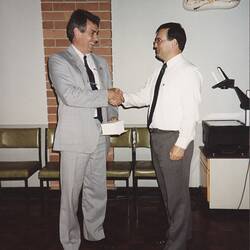 Photograph - Kodak Australasia Pty Ltd, Shane Allan & Ziggy Switkowski at Presentation of 25 Year Service Watch, Coburg, 1990