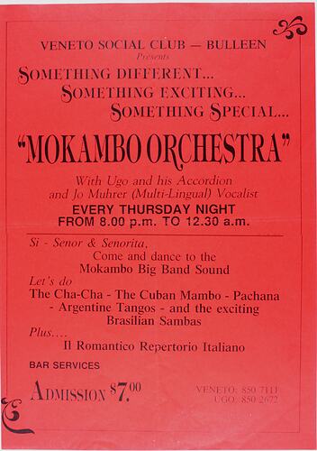 Flyer - Mokambo Orchestra, Veneto Social Club, Bulleen, 'Big Band Sound', circa 1993