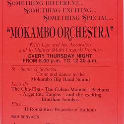 Leaflet - Mokambo Orchestra, 'Big Band Sound', Veneto Social Club, Bulleen, circa 1993