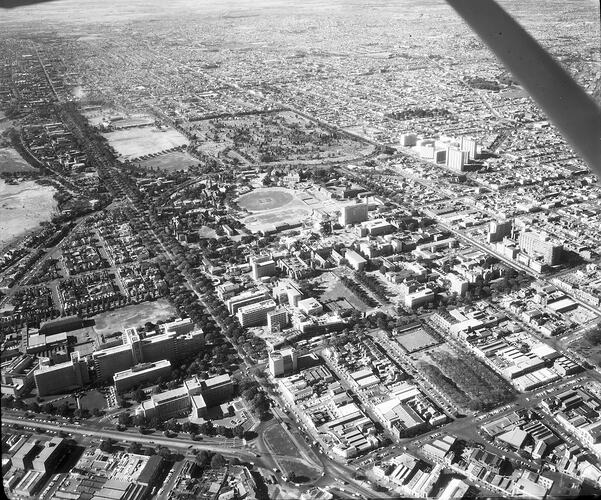 Monochrome aerial photograph of Melbourne.