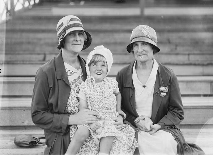 Portrait of Two Women and Child in Stadium, circa 1930s