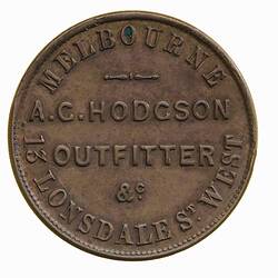 Token - Halfpenny, A.G. Hodgson, Outfitter & Tailor, Melbourne, Victoria, Australia, 1862