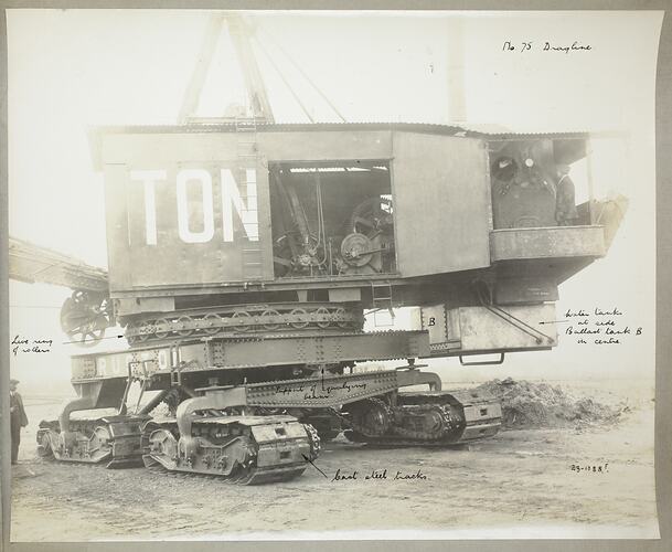 Monochrome photograph of a dragline excavator.