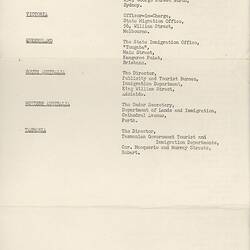 Information Sheet - Church Bodies Listing, British Assisted Passage Scheme, John & Barbara Woods, Department of Immigration, Australia, 1957