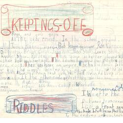Document - James Kunnegiesser, Addressed to Dorothy Howard, Descriptions of Ball Game 'Keepings-Off', Target Game 'Toss the Horse Shoe' & Several Rhymes, Aug 1954