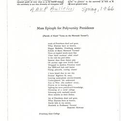 Creative Writing - Dorothy Howard, 'Mass Epitaph for Polyversity Presidents', AAUP Bulletin, Spring, 1966