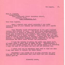 Letter - Dorothy Howard, to M. Jageurs, Description of Visit to East Camberwell Girls' Secondary School, 6 Aug 1954