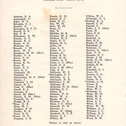 Card printed with Honour Roll list of names.