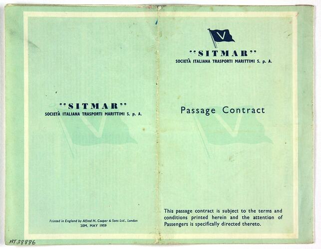 Passage Ticket - Sitmar Line, T.V. Fair Sky, James Forbes, Southampton to Melbourne, 8 Jul 1961