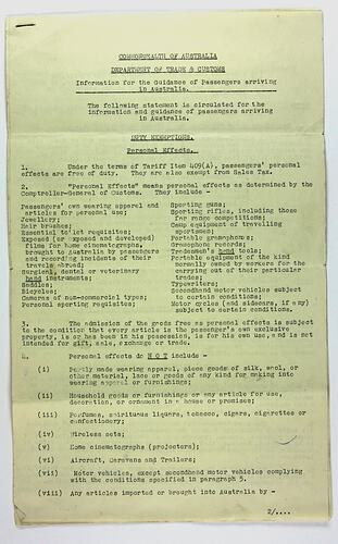 Information Sheet - Passengers Arriving in Australia, Stanley Hathaway, Commonwealth of Australia, Dept of Trade & Customs, 11 Sep 1951