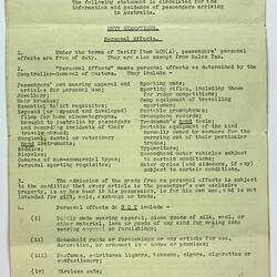 Information Sheet - Passengers Arriving in Australia, Stanley Hathaway, Commonwealth of Australia, Dept of Trade & Customs, 11 Sep 1951