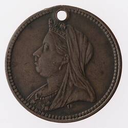 Bronze medal with bust profile of crowned Queen Victoria facing left.