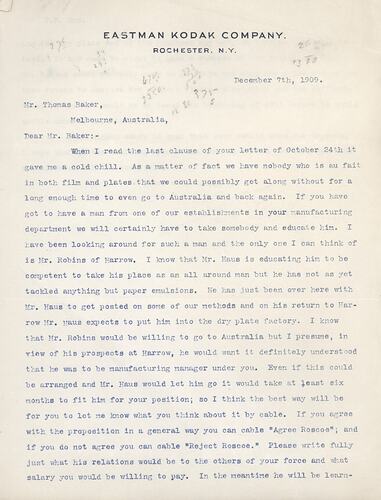 Letter - George Eastman to Thomas Baker, 07 Dec 1909