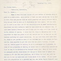 Letter - George Eastman to Thomas Baker, 07 Dec 1909