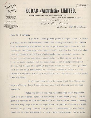 Letter - Thomas Baker to George Eastman, 31 May 1913