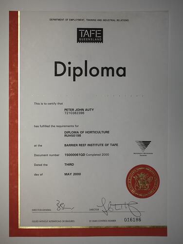 Certificate - Diploma of Horticulture, Peter Auty, Barrier Reef Institute of TAFE, May 2000