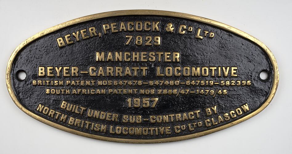 Locomotive Builders Plate - Beyer Peacock & Co. Ltd., Under Sub-Contract by North British Locomotive Co., Glasgow, Scotland, 1957