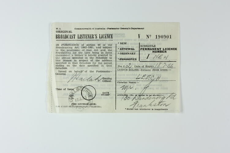 Broadcast Listener's Licence - James Leech, Frankston, 18 Jul 1955