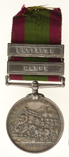 SIlver medal suspended from red and green ribbon with two metal bars,