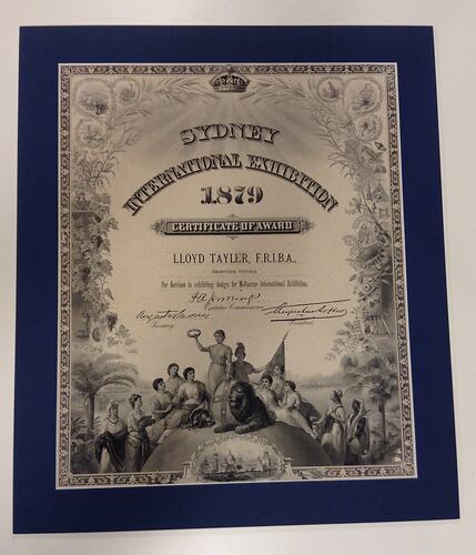HT 48886, Certificate - Awarded to Lloyd Tayler, Sydney International Exhibition, 1879 (ROYAL EXHIBITION BUILDING)