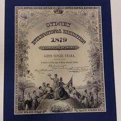 Certificate - Awarded to Lloyd Tayler, Sydney International Exhibition, 1879