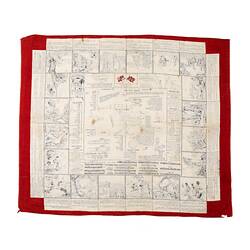 Back of white handkerchief, red edge. Black printed military instructions, diagrams and images for soldiers.