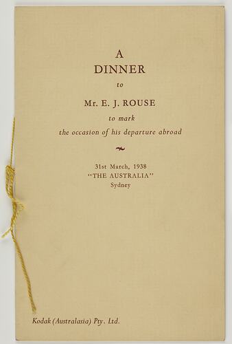 Programme - Kodak Australasia Pty Ltd, Mr E.J. Rouse Farewell Dinner, Sydney, 31 Mar 1938, Page 1