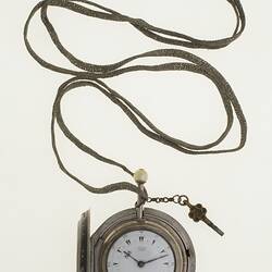 Gentleman's pocket watch in case and attached to silver plaited chain.