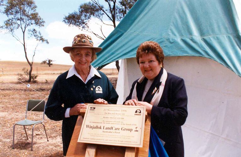Heather Mitchell and Joan Kirner, 10th Anniversary of Landcare, Winjaloch, Victoria, November 1996