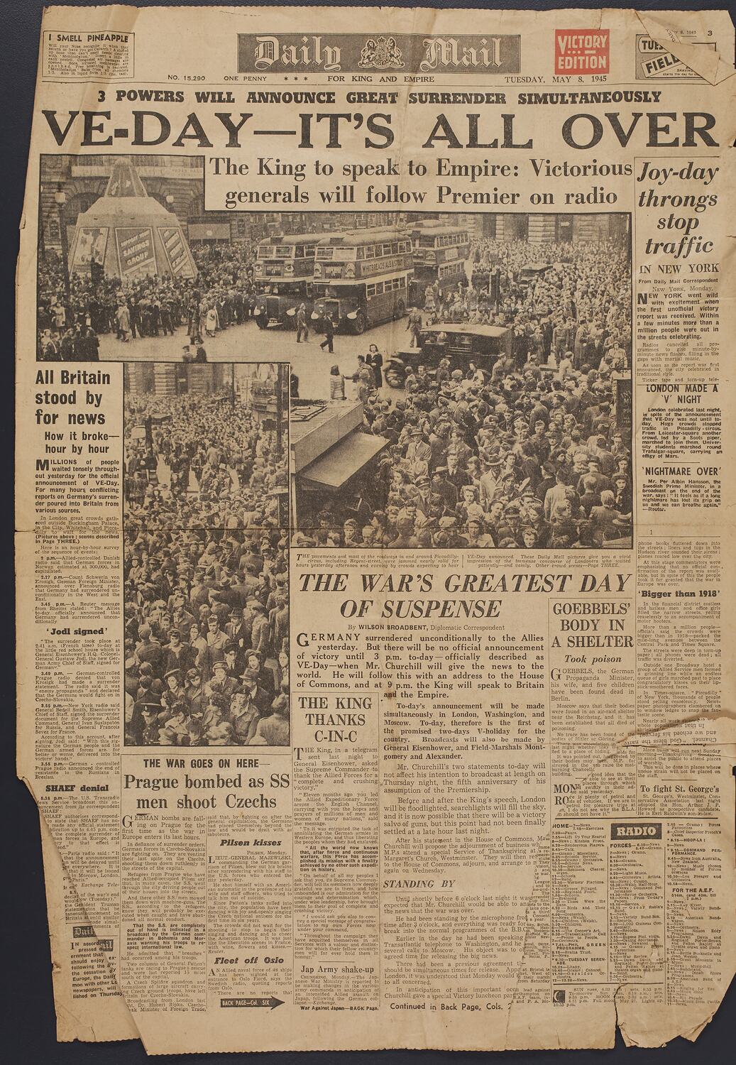 1945 re print of Daily Express VE Day dated May 8 1945-4 pages 