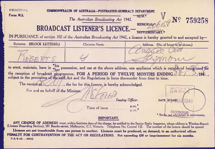 Broadcast Listeners Licence - Commonwealth of Australia, Postmaster General's Department, 30 Mar 1948
