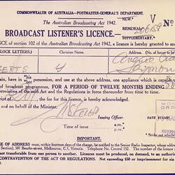 Broadcast Listener's Licence - Frederick & Amelia Roberts, Commonwealth of Australia, Postmaster General's Department, 30 Mar 1948
