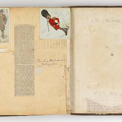 Open scrapbook showing 2 pages of inscriptions and illustrations of figures.