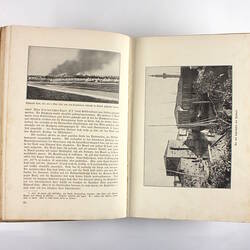 Inside pages of book showing photos of battle and Gallipoli buildings.