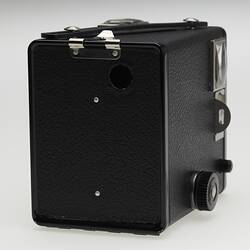Back view of small black box camera.