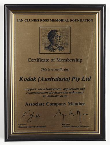 Gold coloured metal certificate with black frame.