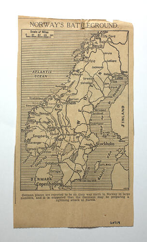 Off white paper with printed drawn map of Norway.