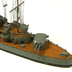 Naval ship with two masts, detail of stern.