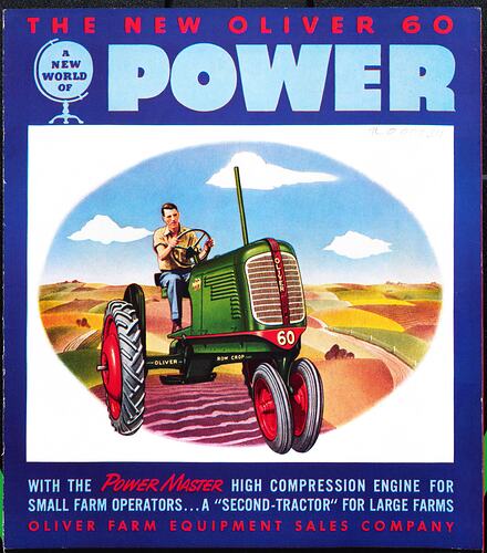 Man driving tractor over stylised, multi-coloured paddocks and fields. Text above and below.