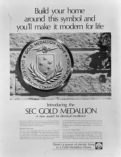 Printed text above and below medal with star detailed shield resting on wreath. Text around medal. Brick wall